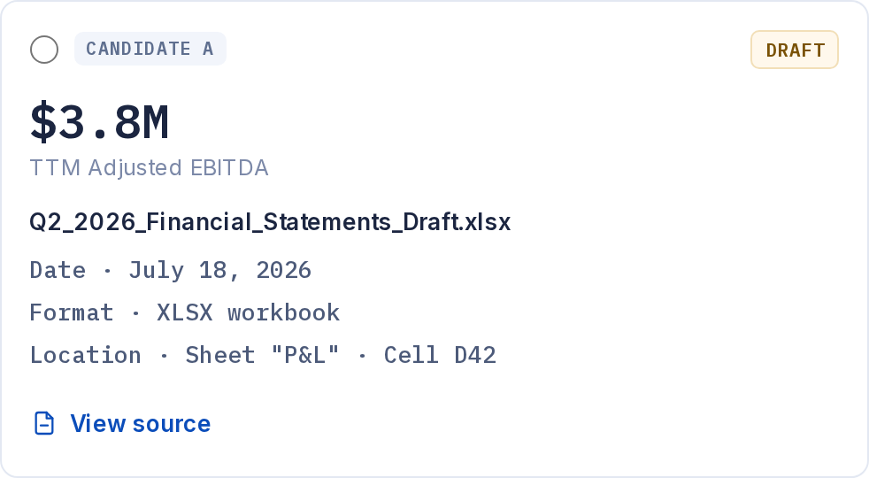 Draft source option: $3.8M TTM Adjusted EBITDA, Q2_2026_Financial_Statements_Draft.xlsx, July 18, 2026, XLSX workbook, Sheet P&L cell D42