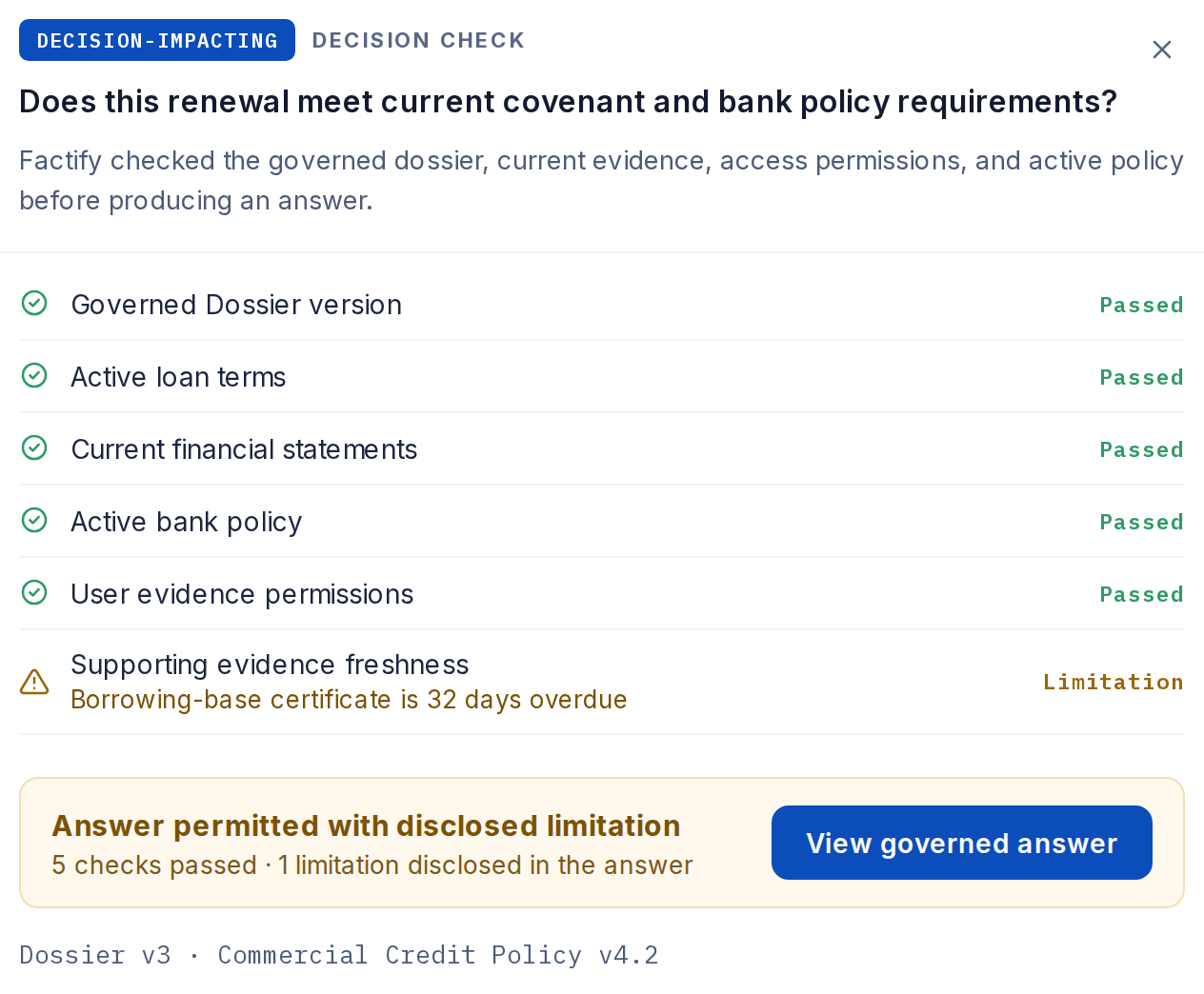 Decision Check dialog, mobile crop: governed dossier version, active loan terms, current financial statements, active bank policy and user evidence permissions passed; supporting evidence freshness flagged as a limitation because the borrowing-base certificate is 32 days overdue; answer permitted with disclosed limitation