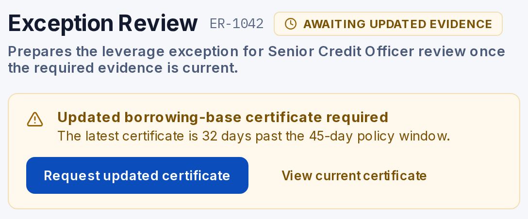 Exception Review ER-1042, awaiting updated evidence: updated borrowing-base certificate required, the latest certificate is 32 days past the 45-day policy window, with Request updated certificate and View current certificate actions