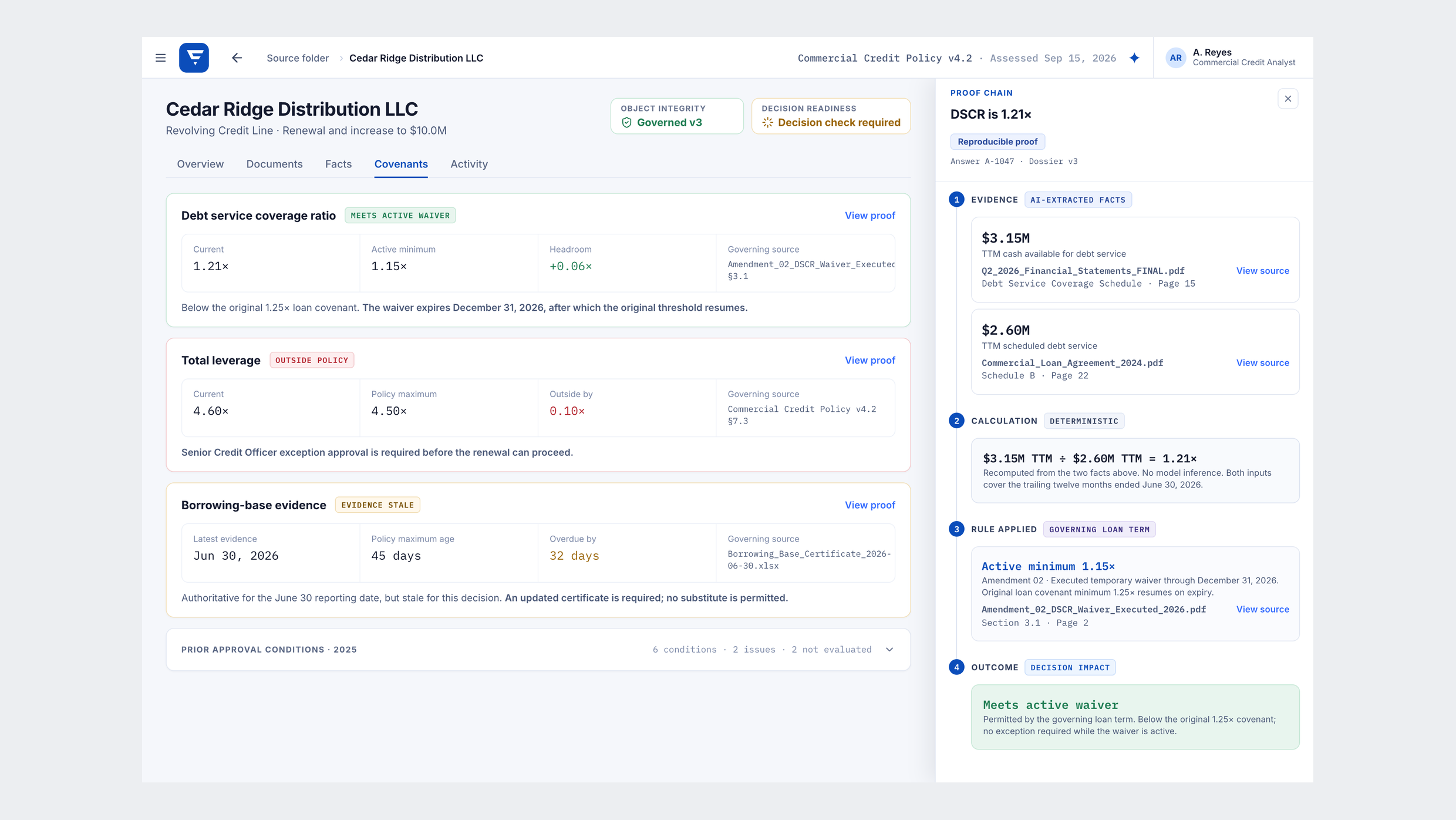 Governed Lending Decisions view: loan covenant checks for Cedar Ridge Distribution beside a Proof Chain drawer tracing DSCR from evidence to outcome