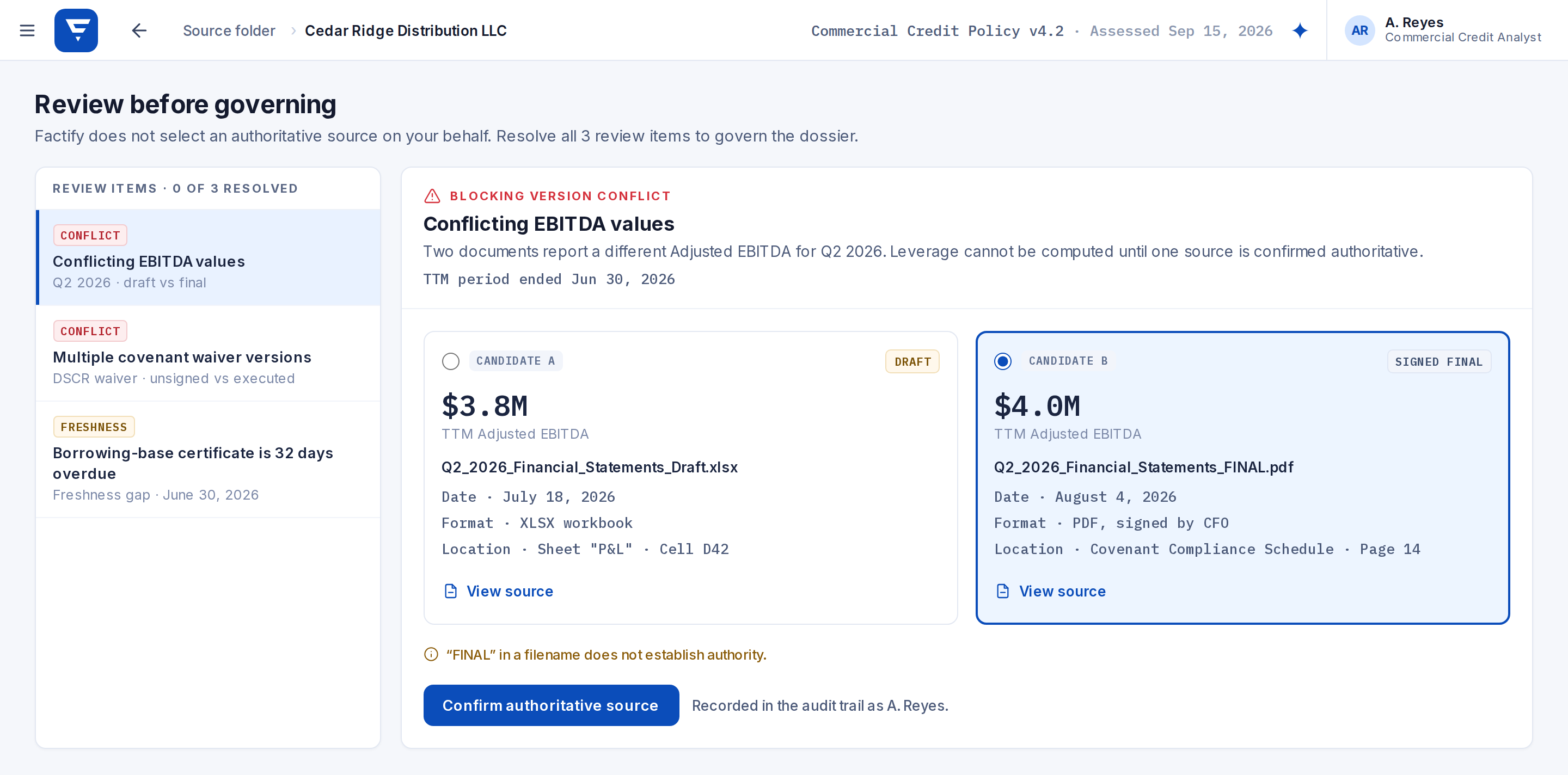 Review before governing, Conflicting EBITDA values: $3.8M TTM Adjusted EBITDA from the draft XLSX workbook beside $4.0M from the CFO-signed final PDF, which is selected; a note that “FINAL” in a filename does not establish authority, and a Confirm authoritative source action recorded in the audit trail