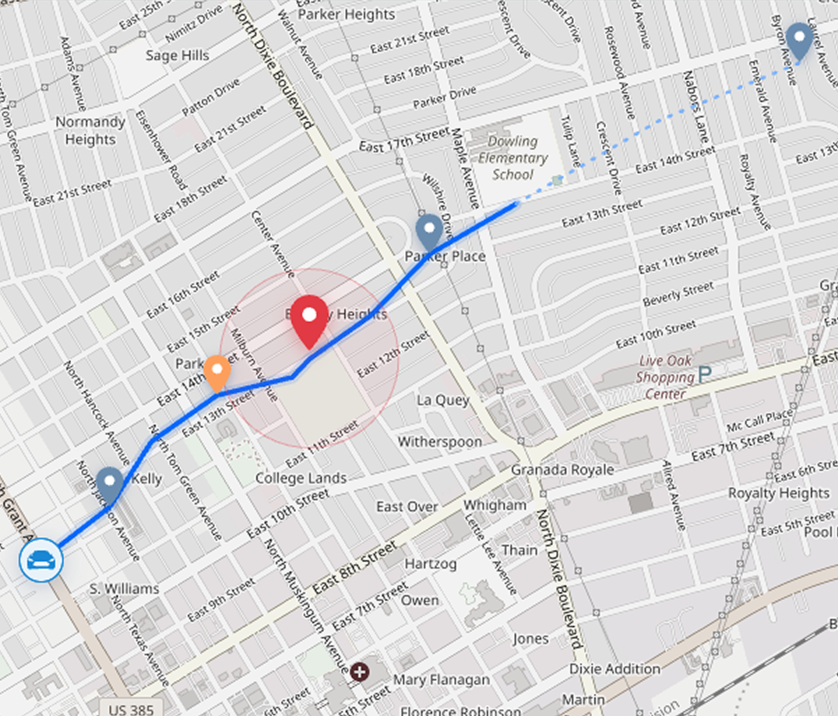 Map: the vehicle route from the vehicle position past telemetry event markers and a UDS error response marker to the selected alert pin