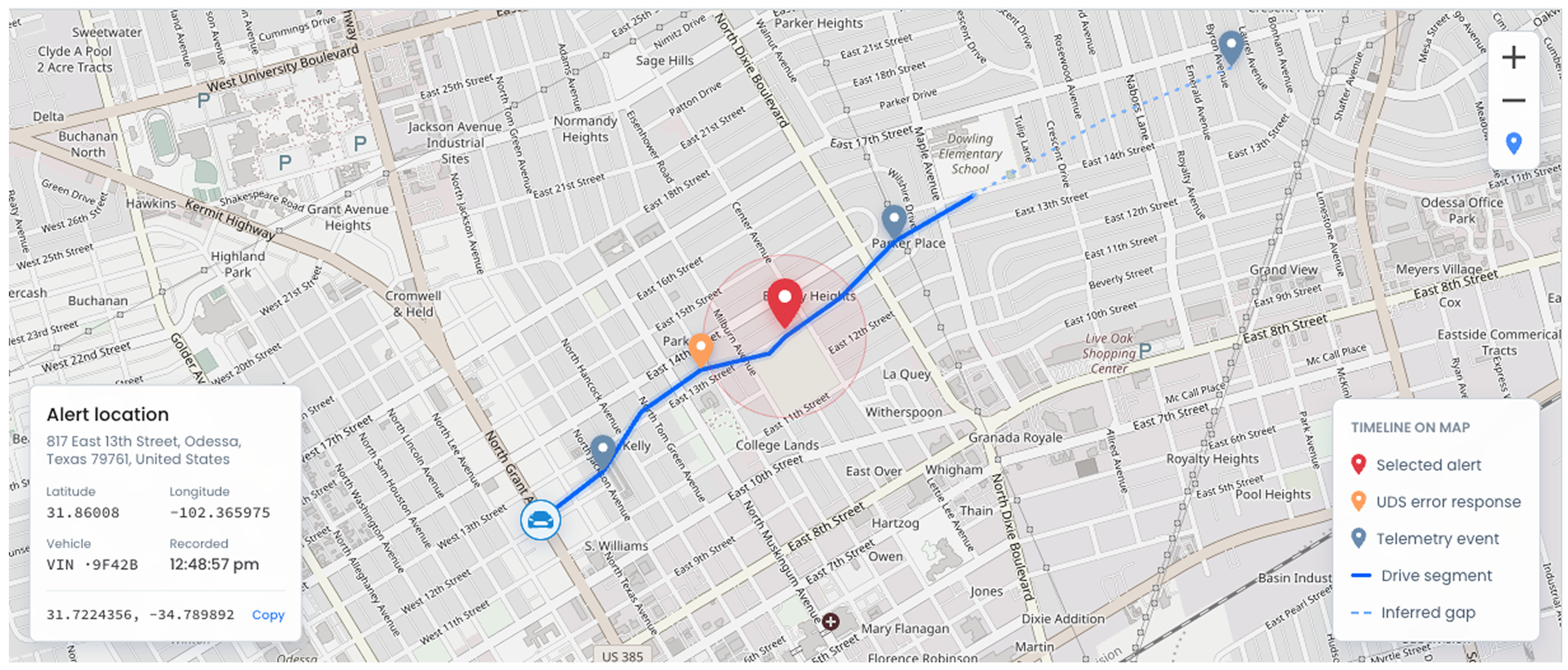 Map: the vehicle route with the selected alert pin, a UDS error response marker and telemetry event markers, the Alert location card and the Timeline on map legend