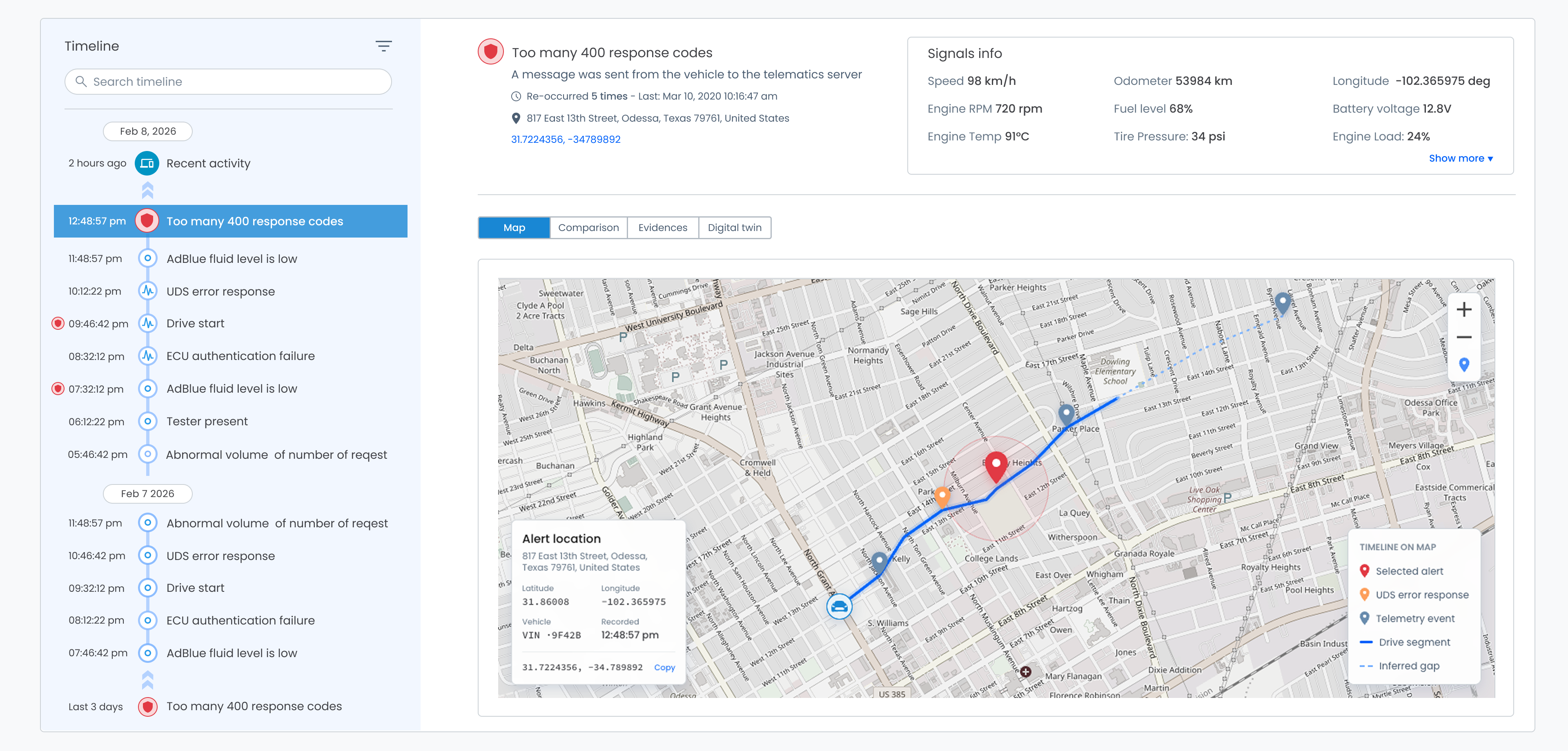 Investigation Timeline, Map view: the Timeline with the selected alert and red contributing-event markers, alert details, Signals info, the Map, Comparison, Evidences and Digital twin tabs, and the vehicle route with the selected alert location